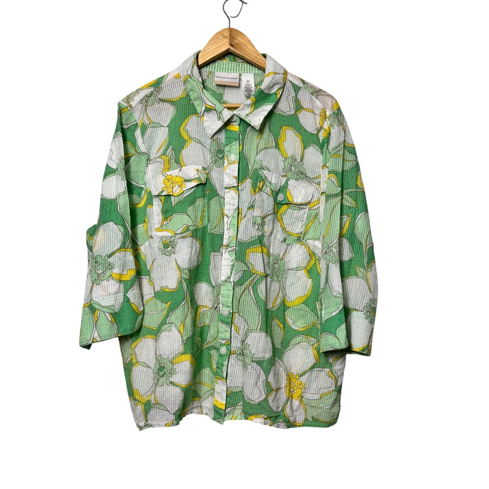 Alfred Dunner Green Floral Swiss Dot Button Up Blouse Plus Size 20W 3/4 Sleeve